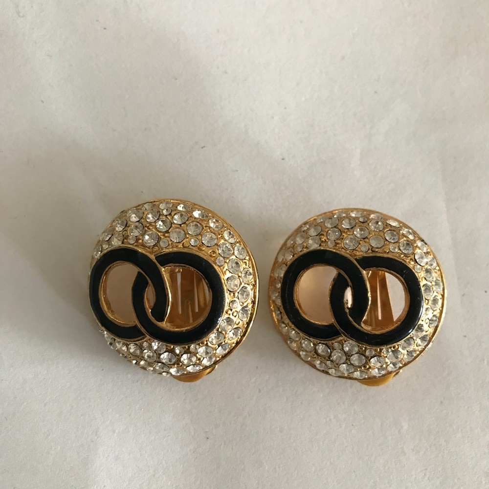 Gold and black CZ encrusted clip earrings